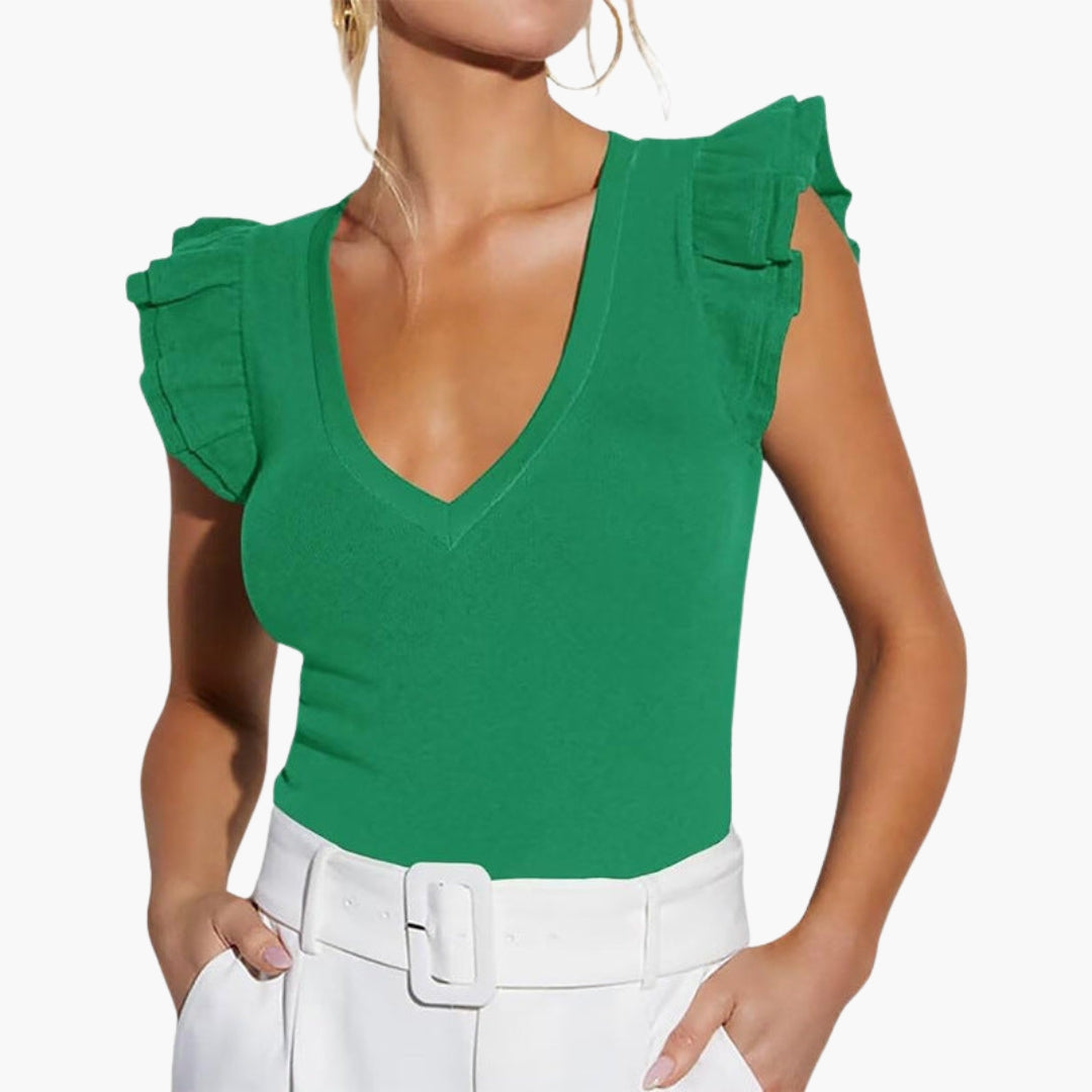 Chic grön ärmlös volangtopp för kvinnor. V-ringad design idealisk för casual vardag och sommarbruk.