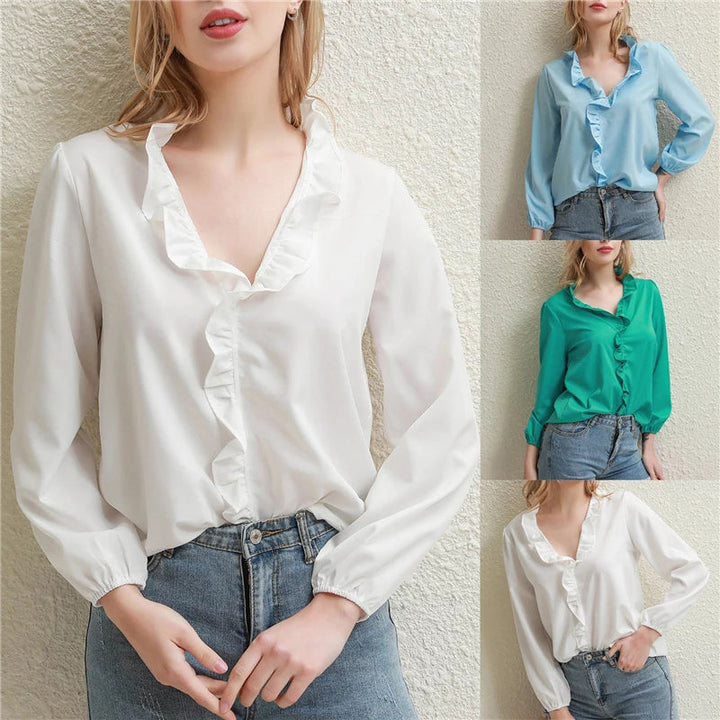 "Elegant vit volangskjorta dam i mjuk polyester, långärmad och stilren design för vardag och speciella tillfällen."