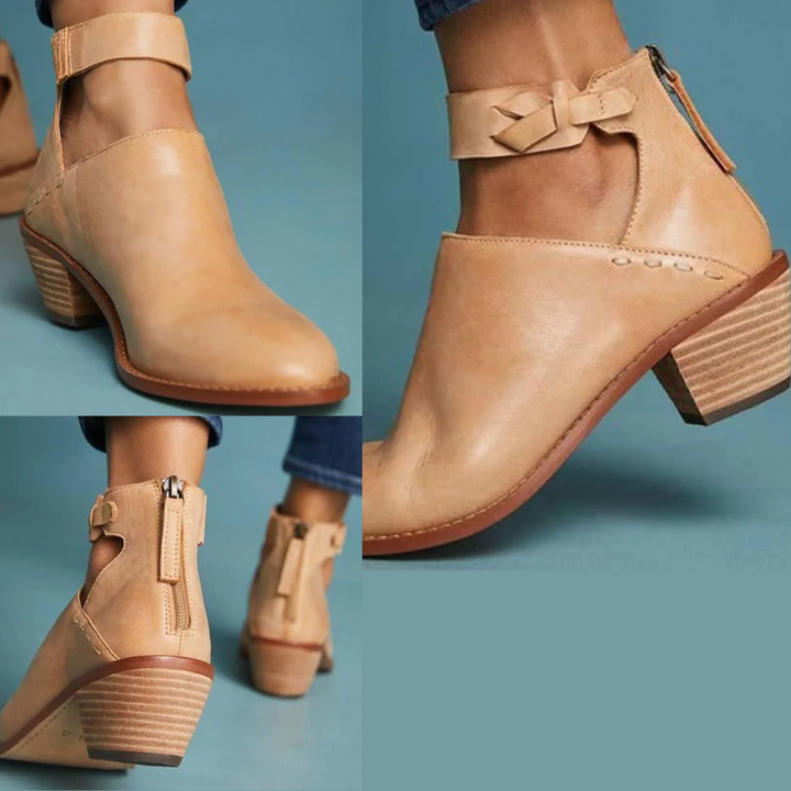 Eleganta beige damskor med dragkedja och bekväm blockklack, perfekta ankelkängor för höstens stil.