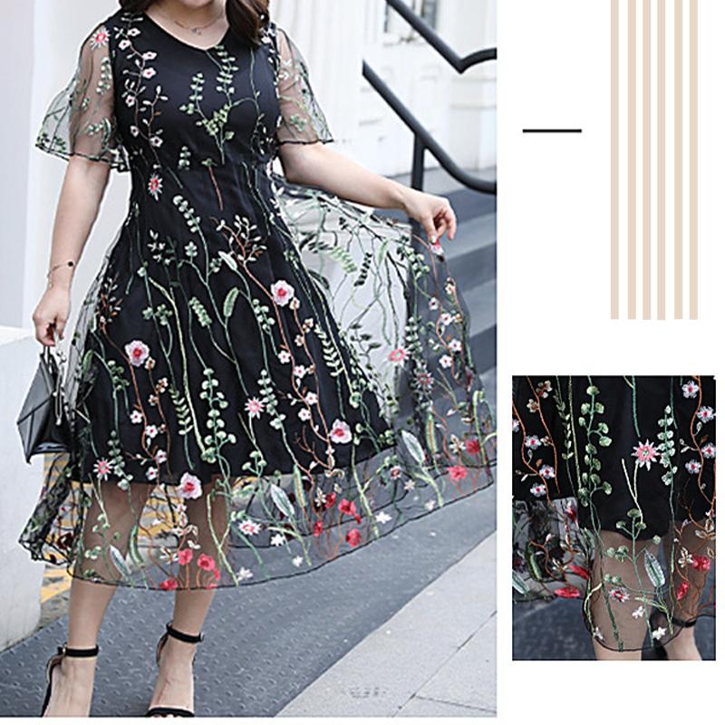 "Eleganta blommig plus size klänning, broderad med transparenta ärmar, framhäver kurvor och ger en sofistikerad look."