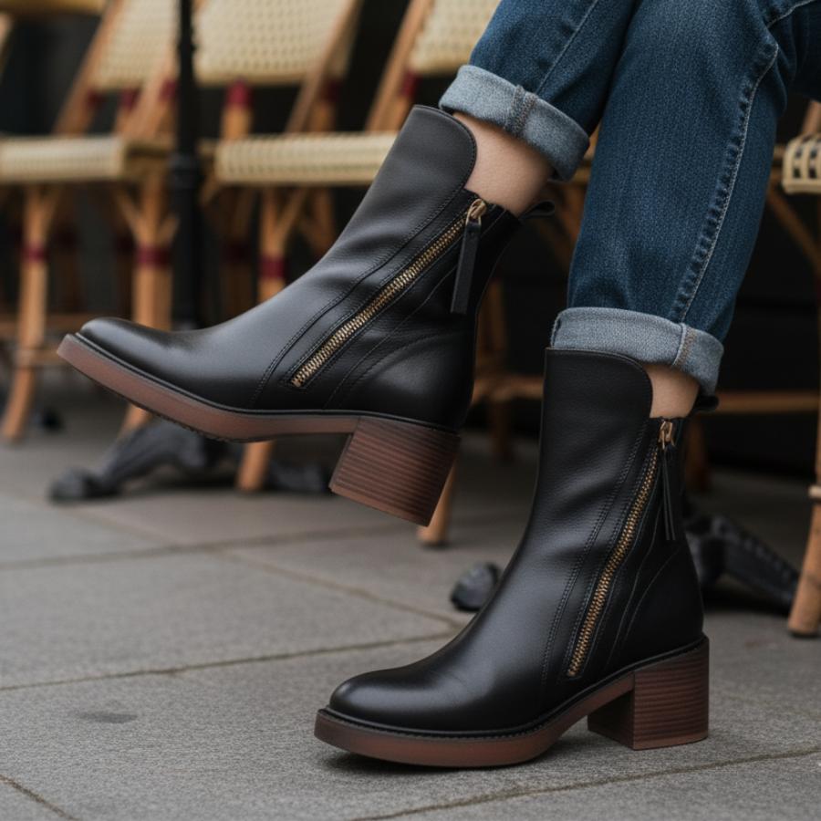 Eleganta svarta läderboots med medelhög klack, idealiska för höstens outfits.