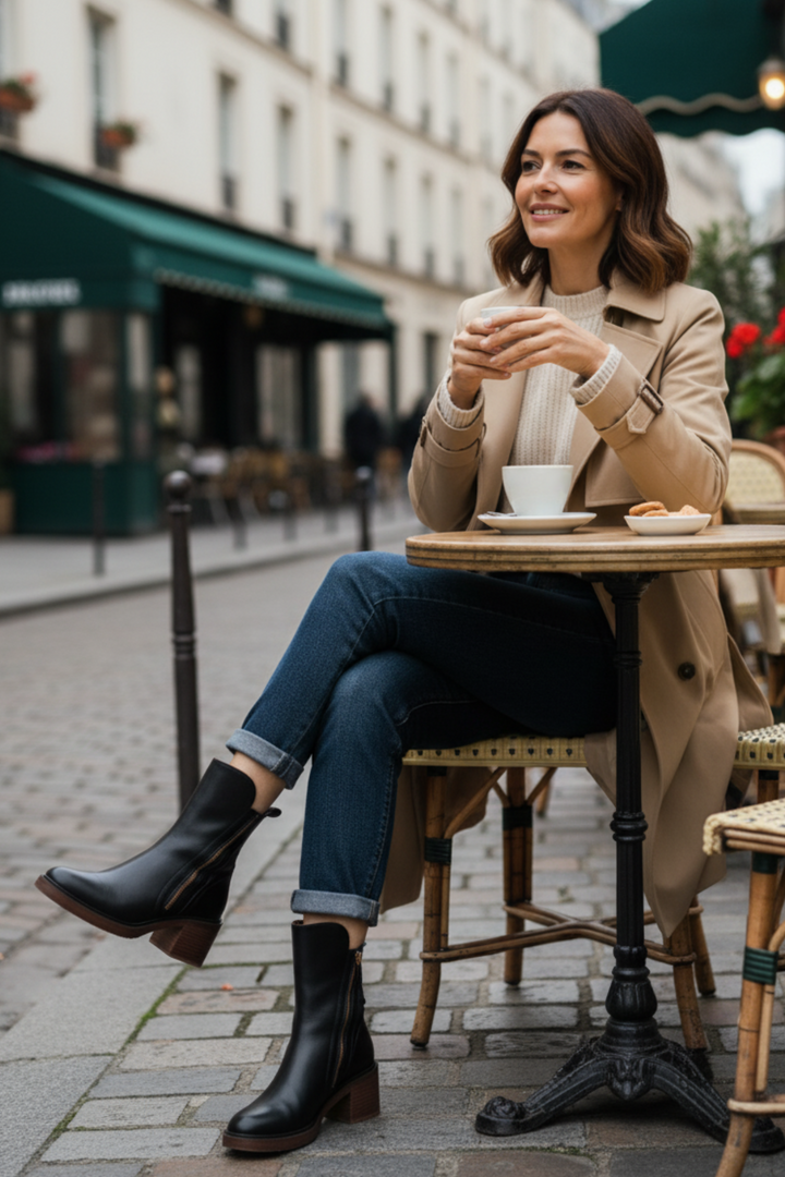 Kvinnors läderboots med klack, designade för en tidlös och elegant look i brunt.