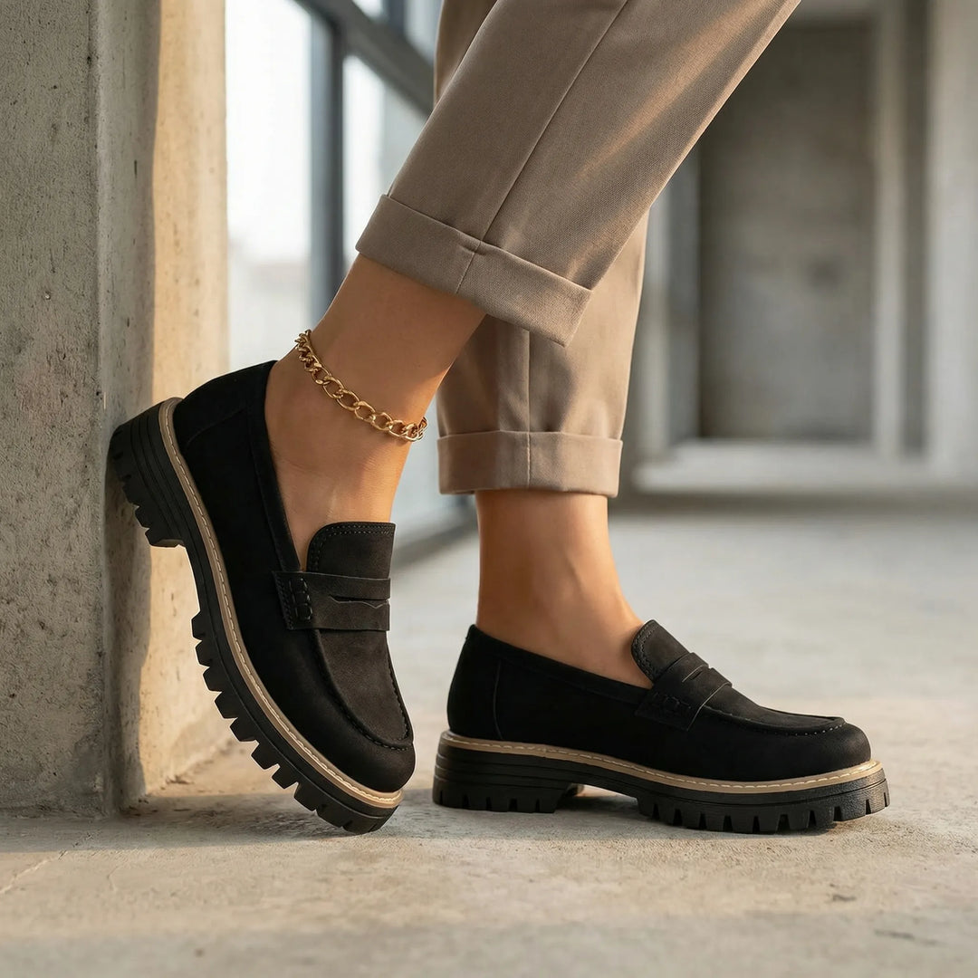 Eleganta dam loafers med låg blockklack för vardag och fest. Bekväma slip-on skor i tidlös design.