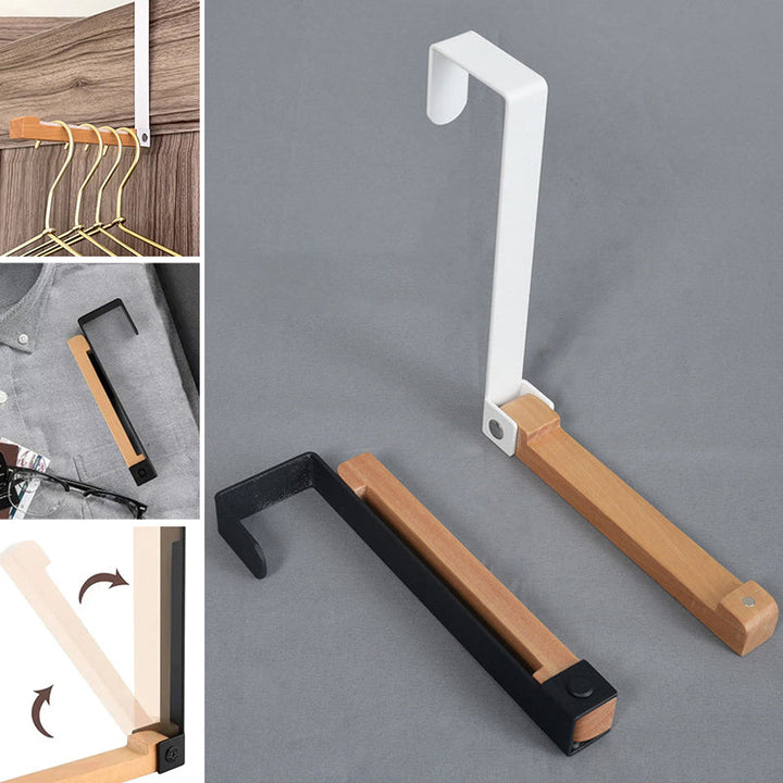 "Eleganta hopfällbara träkrokar för dörrar, multifunktionella, svart och vit design, maximerar utrymme i hemmet."