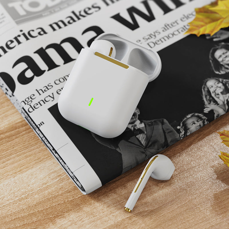 "Eleganta in-ear trådlösa Bluetooth-hörlurar i olika färger, med högkvalitativt ljud och bekväm passform för musikälskare."