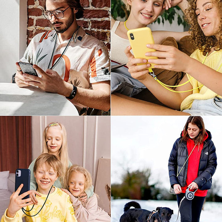 "Eleganta mobilhållare med axelrem i flera färger, frigör händerna och skyddar telefonen. Justerbar för alla mobiler."