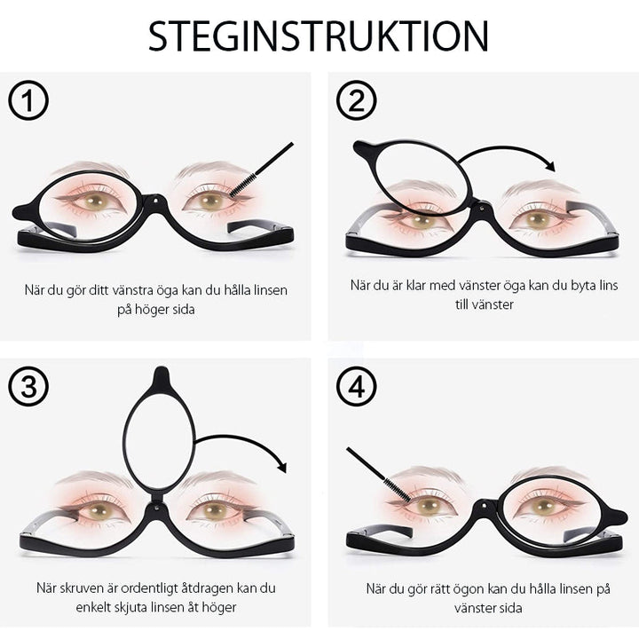 "Eleganta sminkglasögon i röd, svart och blå färg, med svängbar ram, perfekta för exakt makeup."