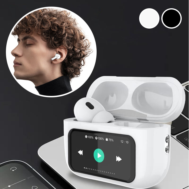 "Eleganta trådlösa bluetooth-öronsnäckor med brusreducering och LED-display för premium ljudupplevelse och stil."