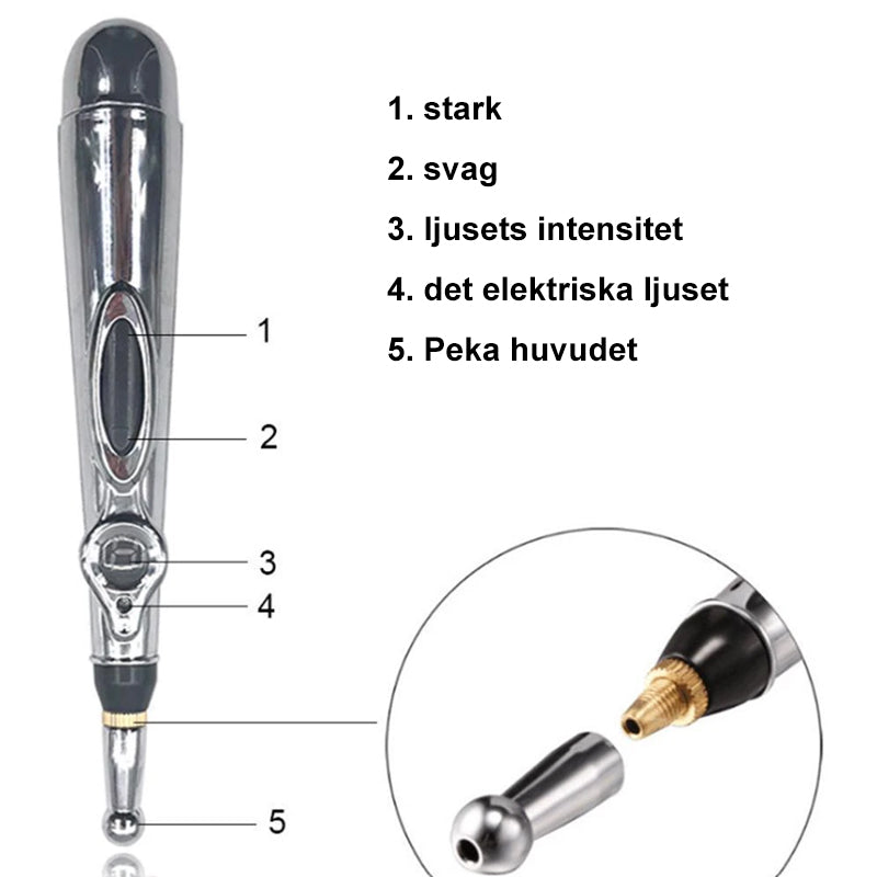Elektrisk akupunkturmassagepenna för smärtlindring, elegant design för nålfri användning på nacken, axlarna och fötterna.