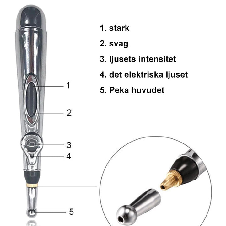 Elektrisk akupunkturmassagepenna för smärtlindring, elegant design för nålfri användning på nacken, axlarna och fötterna.