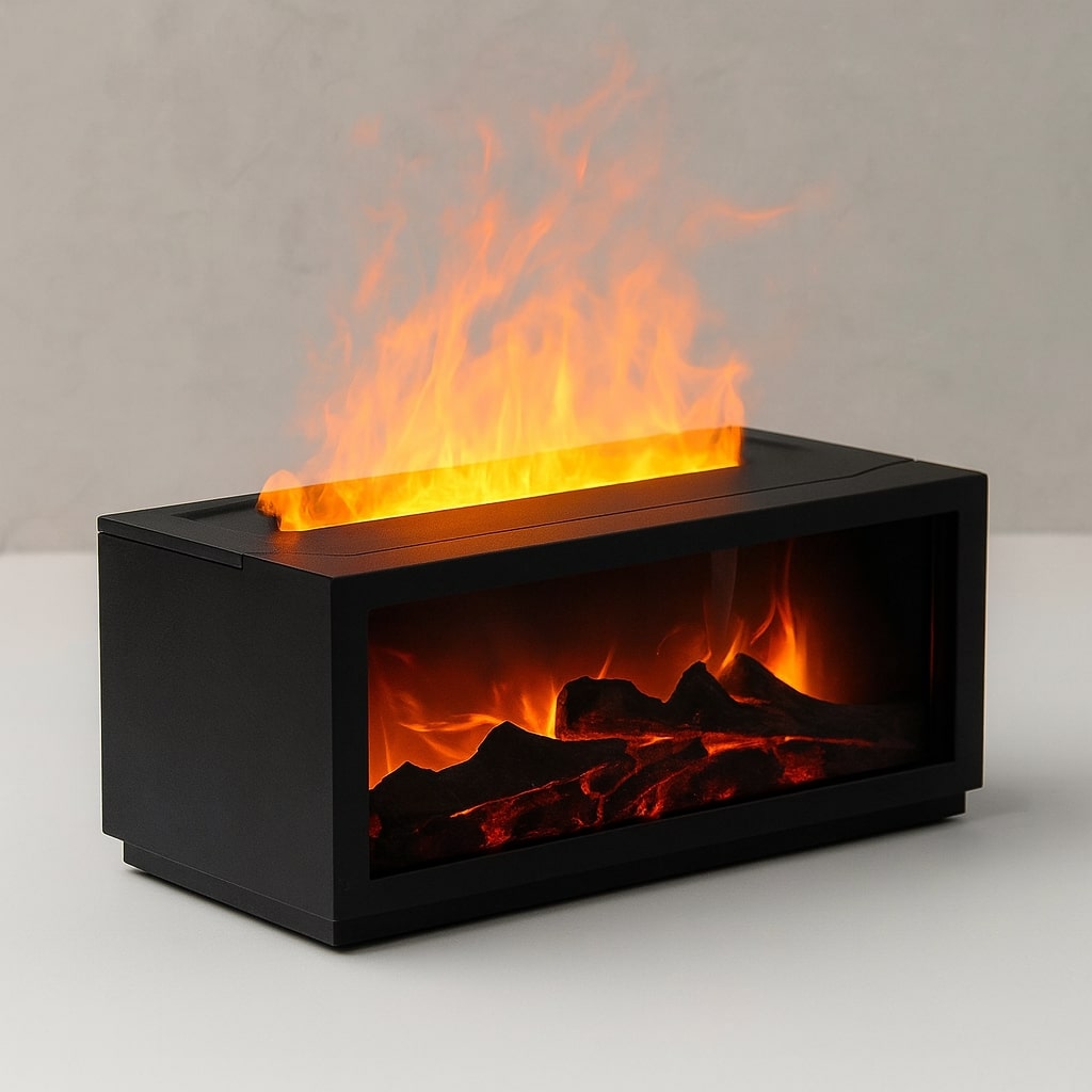 Elegant doftlampa/luftfuktare med simulerad eldflamma. Använd för aromaterapi & heminredning.