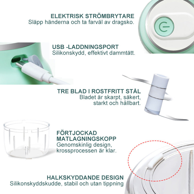 "Elektrisk bärbar minihakare för köket i kompakt design, med vassa stålblad och USB-laddning för enkel hackning"
