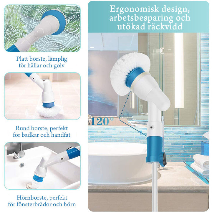 "Elektrisk blå rengöringsborste med multiborsthuvud, teleskophandtag och extra borsthuvuden för effektiv städning."