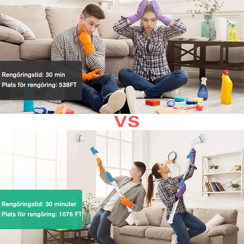 "Elektrisk blå rengöringsborste med multiborsthuvud, teleskophandtag och extra borsthuvuden för effektiv städning."