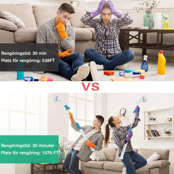 "Elektrisk blå rengöringsborste med multiborsthuvud, teleskophandtag och extra borsthuvuden för effektiv städning."