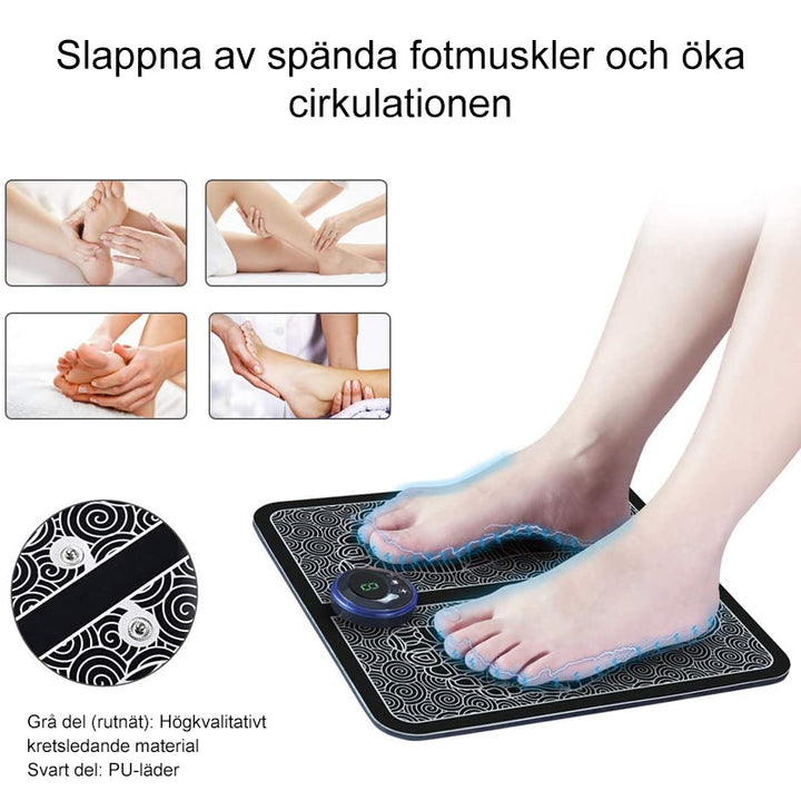 "Elektrisk EMS fotmassageapparat för smärtlindring, svart design med enkel styrning och mjuka remmar för bekväm passform."