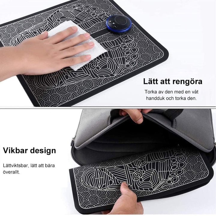 "Elektrisk EMS fotmassageapparat för smärtlindring, svart design med enkel styrning och mjuka remmar för bekväm passform."