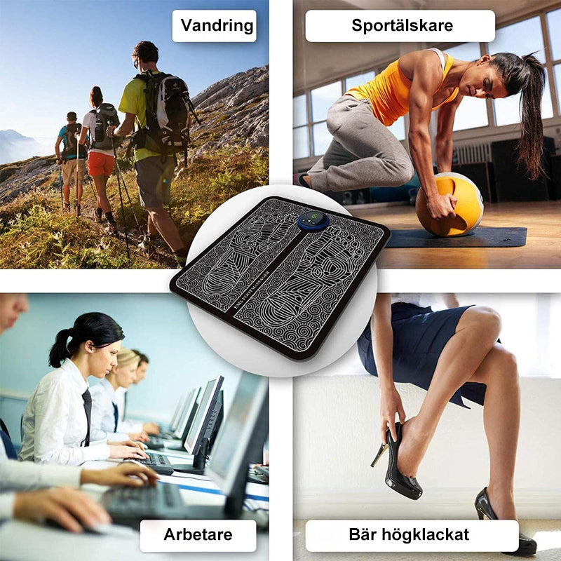 "Elektrisk EMS fotmassageapparat för smärtlindring, svart design med enkel styrning och mjuka remmar för bekväm passform."
