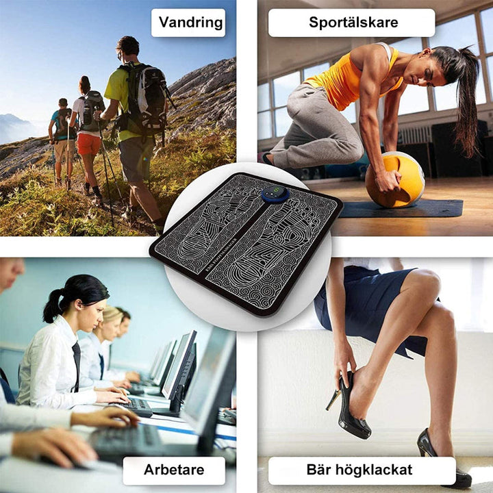 "Elektrisk EMS fotmassageapparat för smärtlindring, svart design med enkel styrning och mjuka remmar för bekväm passform."