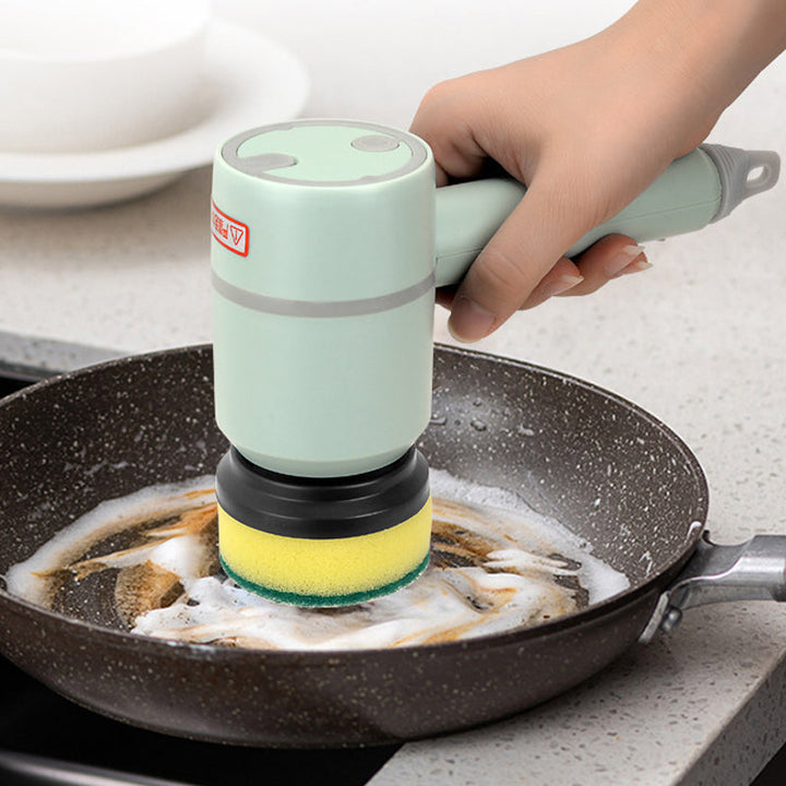 Elektrisk handhållen rengöringsborste, vit/grön/rosa, ergonomiskt grepp, roterande borsthuvud för effektiv rengöring.