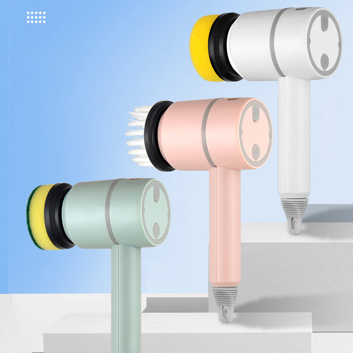 Elektrisk handhållen rengöringsborste, vit/grön/rosa, ergonomiskt grepp, roterande borsthuvud för effektiv rengöring.