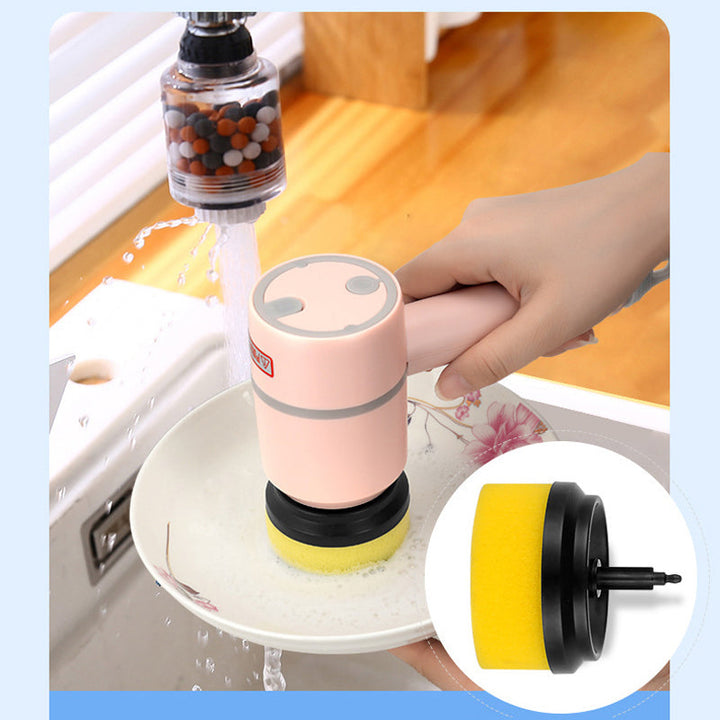 Elektrisk handhållen rengöringsborste, vit/grön/rosa, ergonomiskt grepp, roterande borsthuvud för effektiv rengöring.