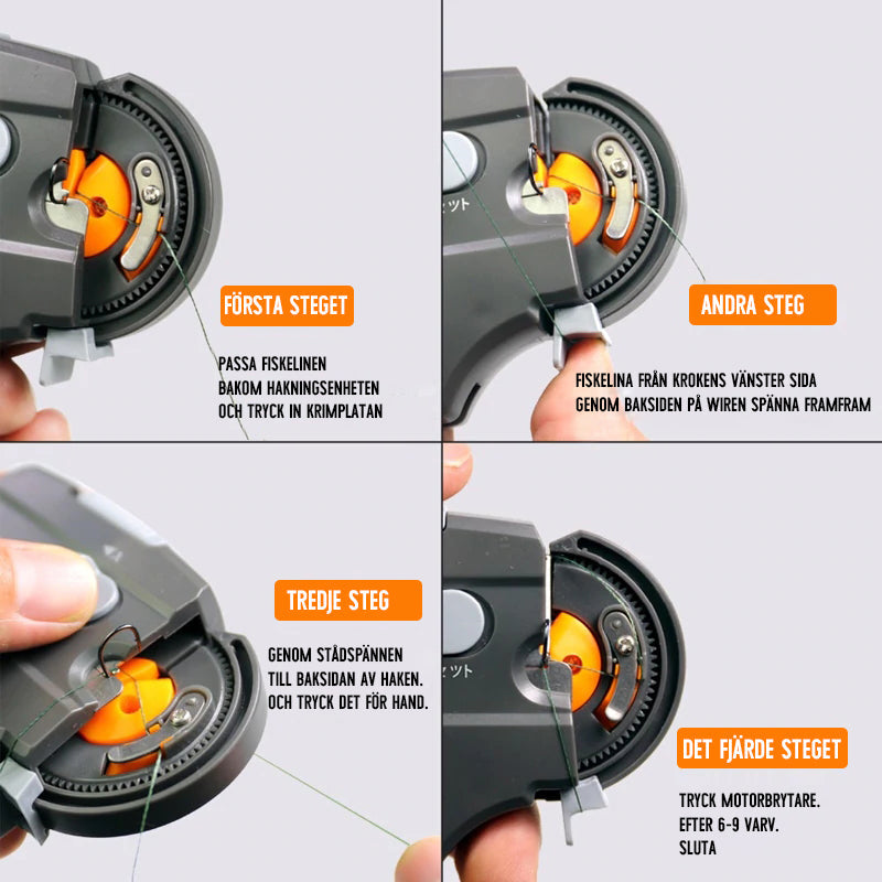 "Elektrisk krokbindningsmaskin i sjöblå, grå färg, med långt handtag och kompakt design för precisionsfiske."