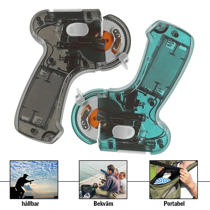 "Elektrisk krokbindningsmaskin i sjöblå, grå färg, med långt handtag och kompakt design för precisionsfiske."