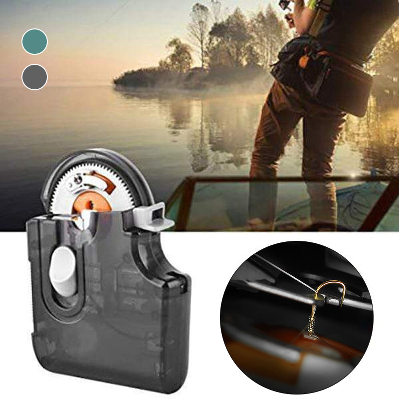 "Elektrisk krokbindningsmaskin i sjöblå, grå färg, med långt handtag och kompakt design för precisionsfiske."