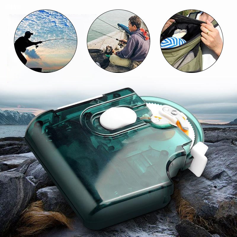 "Elektrisk krokbindningsmaskin i sjöblå, grå färg, med långt handtag och kompakt design för precisionsfiske."