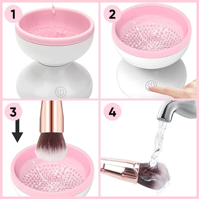 "Elektrisk makeupborstrengörare i rosa, kompakt med rund design, perfekt för effektiv borstvård på resor."