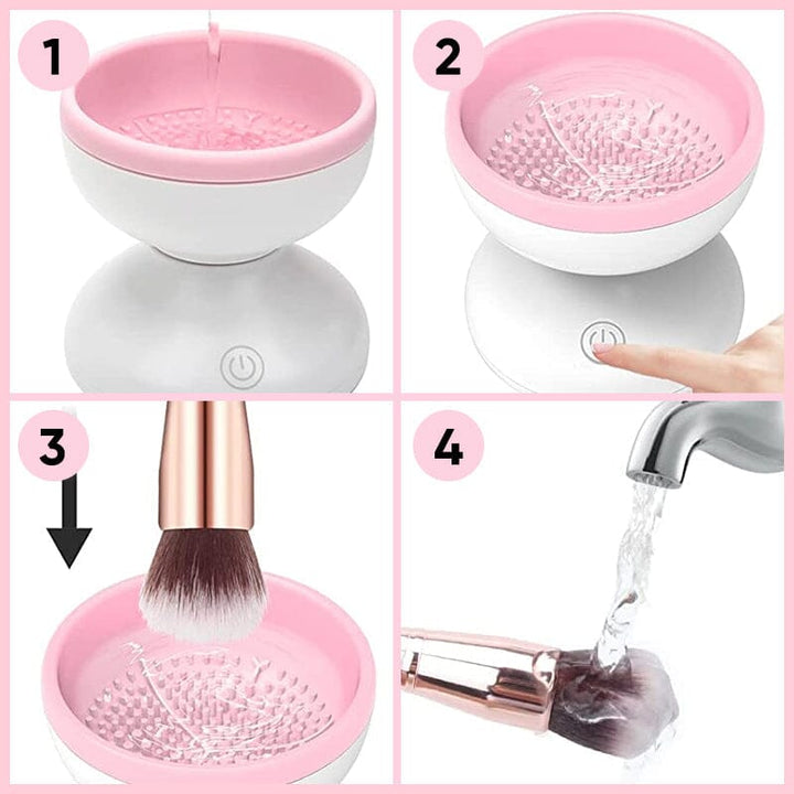 "Elektrisk makeupborstrengörare i rosa, kompakt med rund design, perfekt för effektiv borstvård på resor."