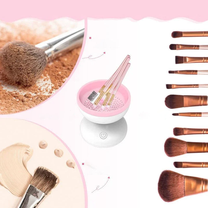 "Elektrisk makeupborstrengörare i rosa, kompakt med rund design, perfekt för effektiv borstvård på resor."