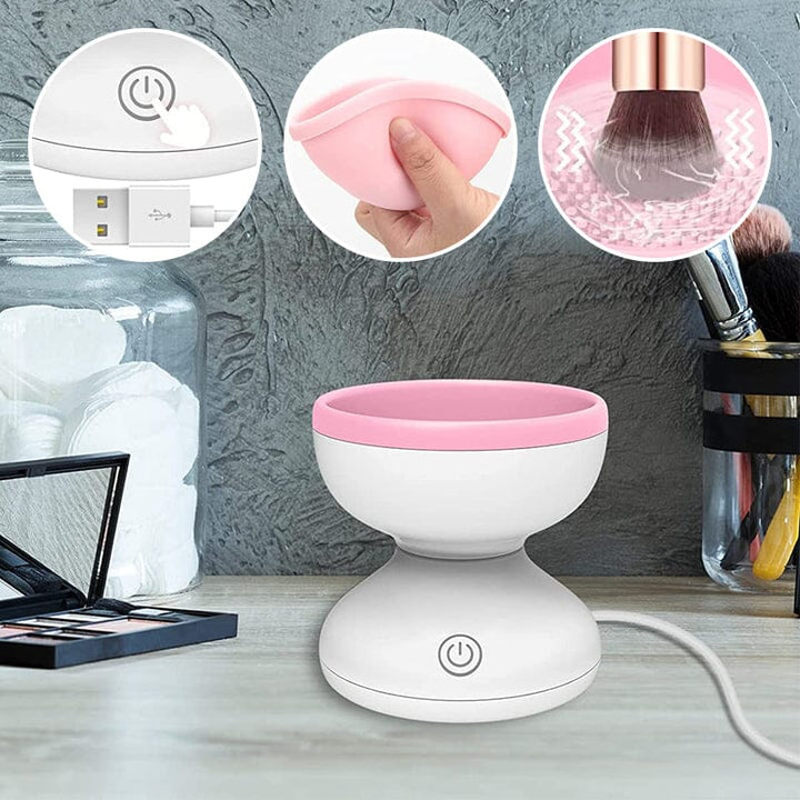 "Elektrisk makeupborstrengörare i rosa, kompakt med rund design, perfekt för effektiv borstvård på resor."