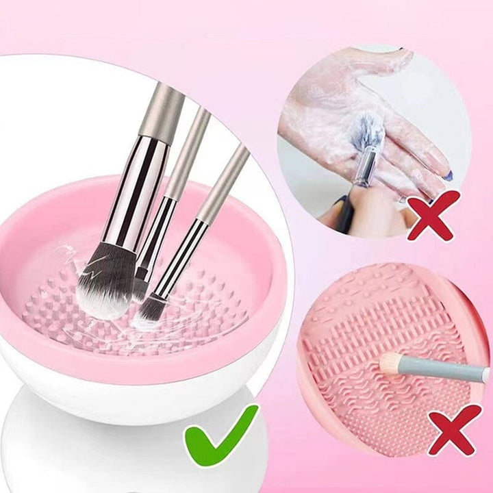 "Elektrisk makeupborstrengörare i rosa, kompakt med rund design, perfekt för effektiv borstvård på resor."