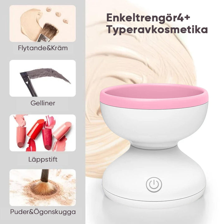 "Elektrisk makeupborstrengörare i rosa, kompakt med rund design, perfekt för effektiv borstvård på resor."