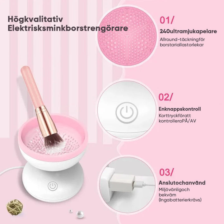 "Elektrisk makeupborstrengörare i rosa, kompakt med rund design, perfekt för effektiv borstvård på resor."