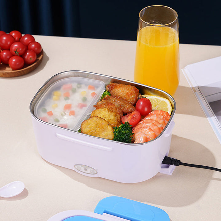 "Elektrisk matlåda i färgerna blå, grön, orange, rosa och turkos; kompakt design för snabb lunchuppvärmning."