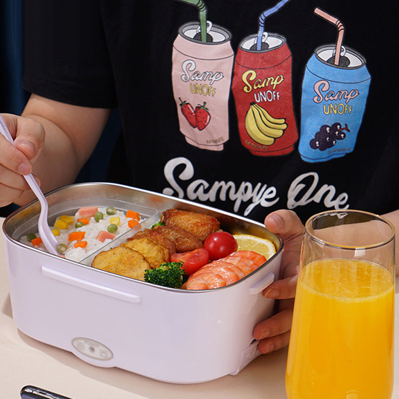 "Elektrisk matlåda i färgerna blå, grön, orange, rosa och turkos; kompakt design för snabb lunchuppvärmning."