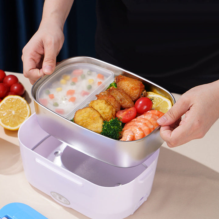 "Elektrisk matlåda i färgerna blå, grön, orange, rosa och turkos; kompakt design för snabb lunchuppvärmning."