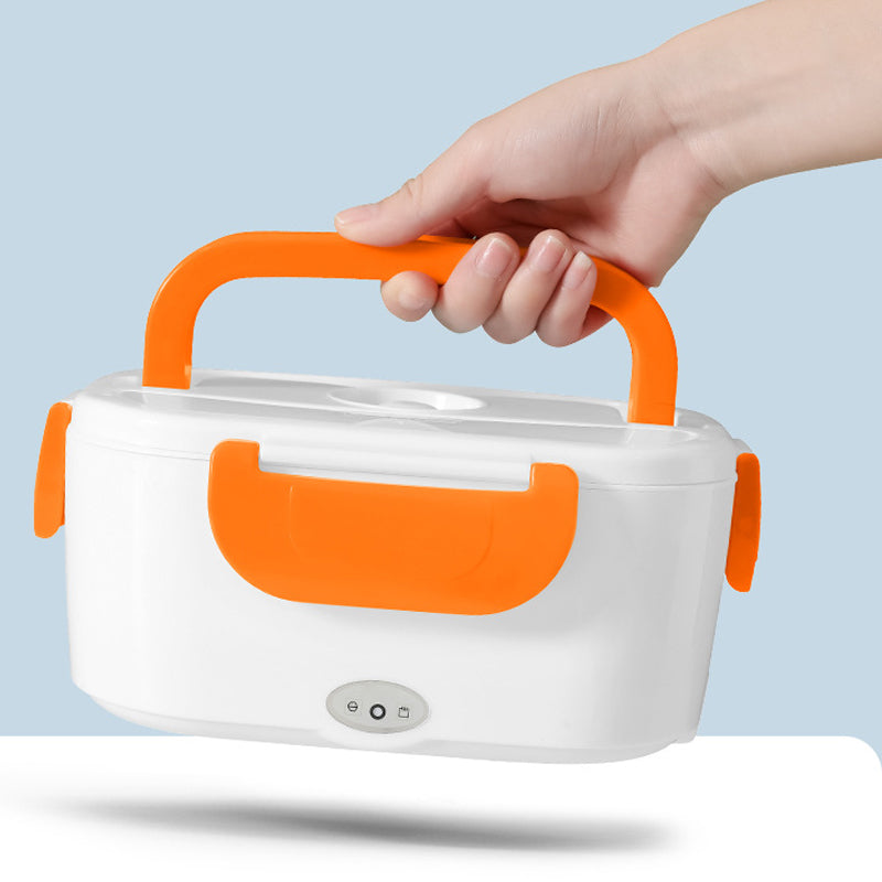 "Elektrisk matlåda i färgerna blå, grön, orange, rosa och turkos; kompakt design för snabb lunchuppvärmning."