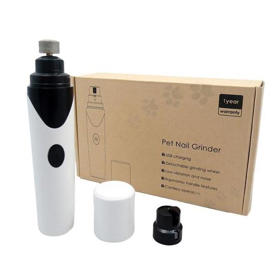 Elektrisk nagelslip för husdjur med USB-laddning, låg ljudnivå; vit enhet på neutral bakgrund.