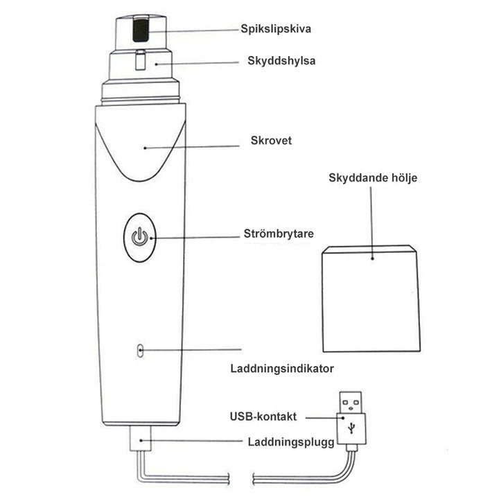 Elektrisk nagelslip för husdjur med USB-laddning, låg ljudnivå; vit enhet på neutral bakgrund.