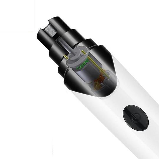 Elektrisk nagelslip för husdjur med USB-laddning, låg ljudnivå; vit enhet på neutral bakgrund.