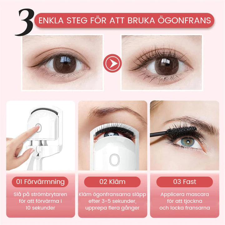 "Elektrisk ögonfransböjare i rosa med temperaturkontroll, ger perfekt böjda fransar. Idealisk för skonsam och effektiv använd