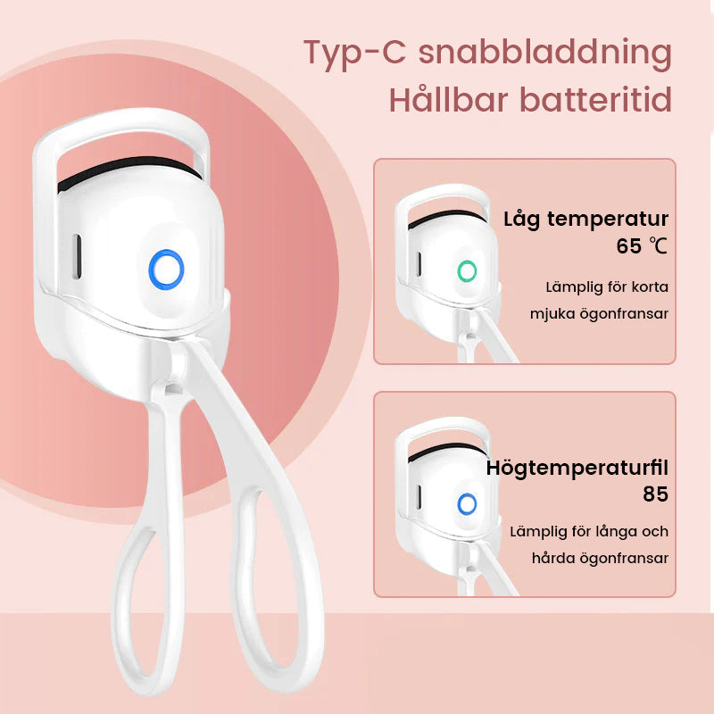 "Elektrisk ögonfransböjare i rosa med temperaturkontroll, ger perfekt böjda fransar. Idealisk för skonsam och effektiv använd