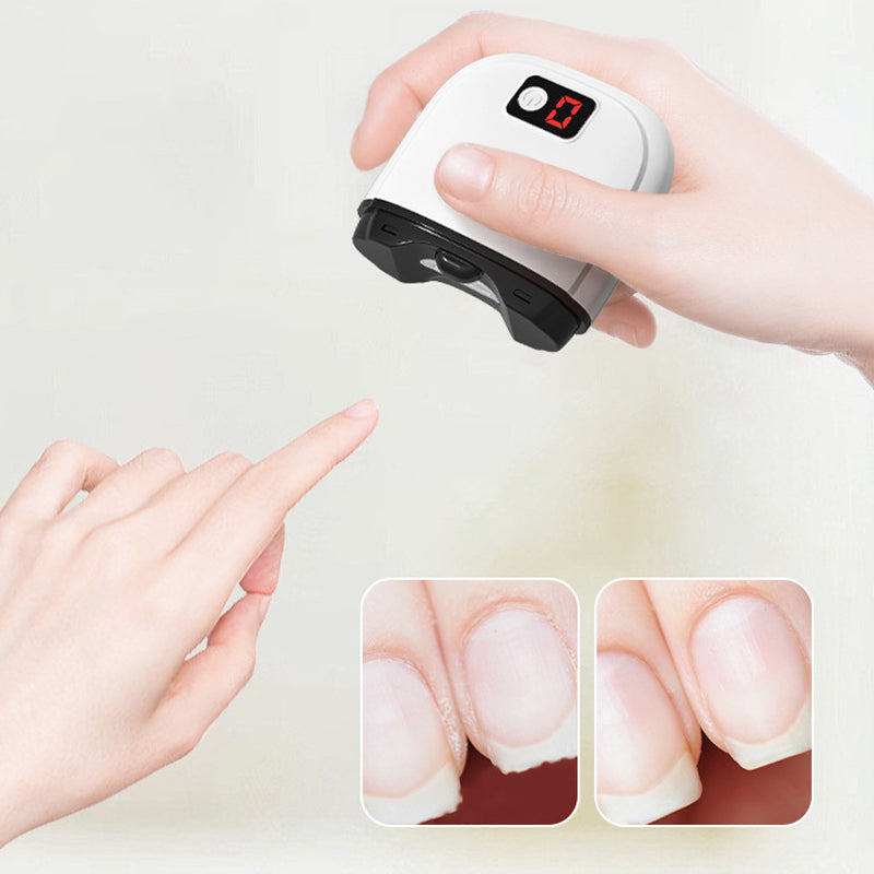 "Elektrisk smart nagelklippare med automatisk trim, 360° roterande blad och integrerad förvaringsbehållare, grön färg."