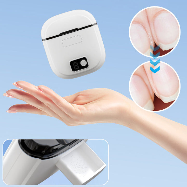 "Elektrisk smart nagelklippare med automatisk trim, 360° roterande blad och integrerad förvaringsbehållare, grön färg."