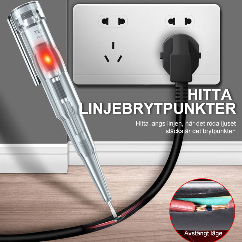 "Elektrisk testpenna med LED-ljus och transparent design, visar PVC-handtag och självkontrollfunktion för säker användning."