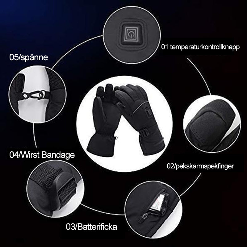 "Elektriska justerbara värmehandskar för herr och dam, svart, vind- och vattentät design med pekskärmsfunktion."